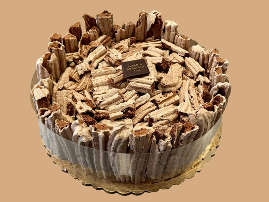 Chocolate meringue cake with 'jessica abraham' branding