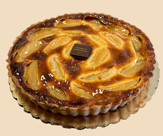 Pear and chocolate tart with a chocolate branded Jessica Abraham